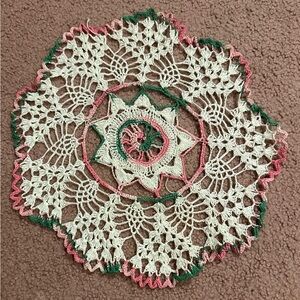 VTG HAND CROCHETED DOILY 12.5” White Pink Green Vintage Handmade Flower